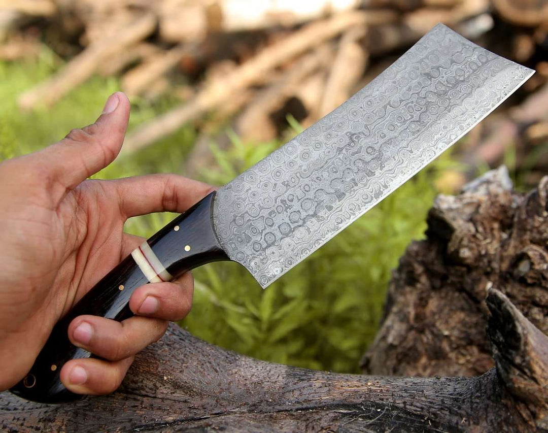 Ember Damascus Handle - Ember Damascus Cleaver Knife with Bone &amp; Exotic Wenge Wood Handle - Shokunin USA