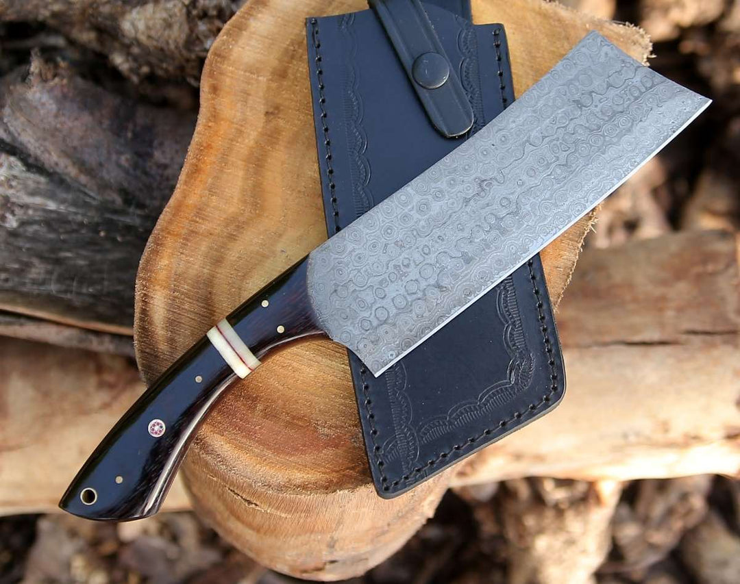 Ember Damascus Knife - Ember Damascus Cleaver Knife with Bone &amp; Exotic Wenge Wood Handle - Shokunin USA