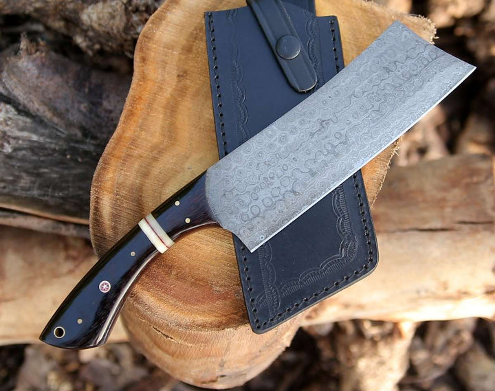 Ember Damascus Knife - Ember Damascus Cleaver Knife with Bone &amp; Exotic Wenge Wood Handle - Shokunin USA