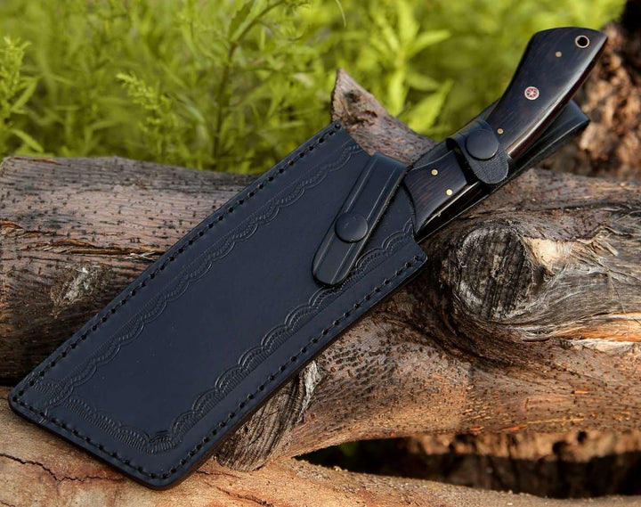 Ember Cleaver Handle - Ember Damascus Cleaver Knife with Bone &amp; Exotic Wenge Wood Handle - Shokunin USA