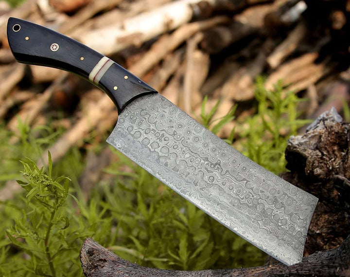 Ember Cleaver Knife - Ember Damascus Cleaver Knife with Bone &amp; Exotic Wenge Wood Handle - Shokunin USA