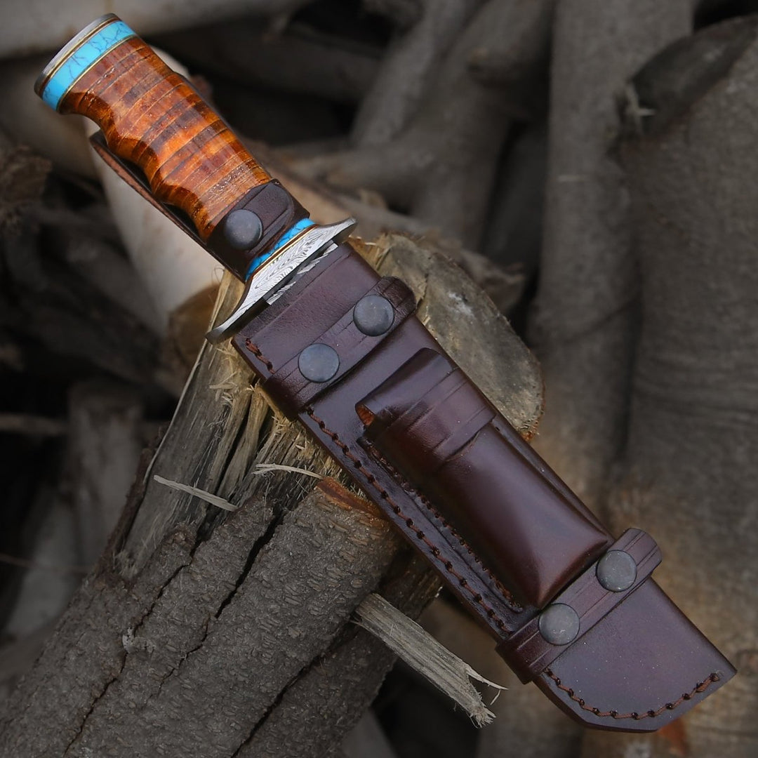 Envoy Damascus Bowie - Envoy Damascus Hunting Knife with Stacked Leather Handle - Shokunin USA