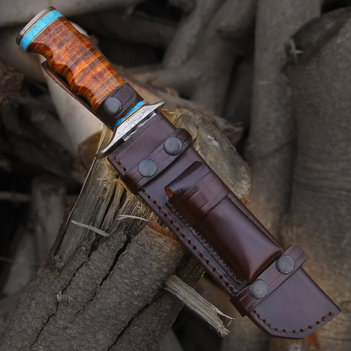 Envoy Damascus Bowie - Envoy Damascus Hunting Knife with Stacked Leather Handle - Shokunin USA