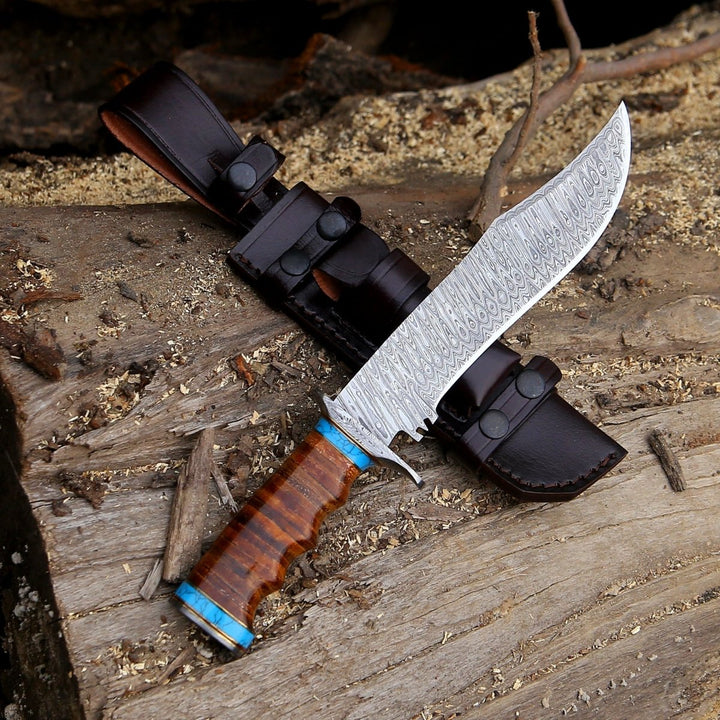 Envoy Damascus Handle - Envoy Damascus Hunting Knife with Stacked Leather Handle - Shokunin USA