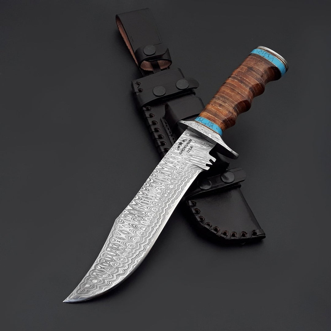 Envoy Damascus Leather - Envoy Damascus Hunting Knife with Stacked Leather Handle - Shokunin USA