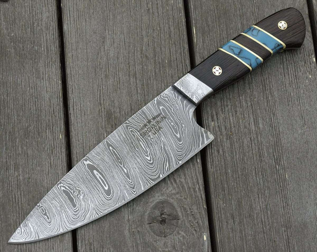 Epicurian Chef Knife - Epicurian Damascus Chef Knife with Exotic Wenge Wood &amp; Turquoise Handle - Shokunin USA