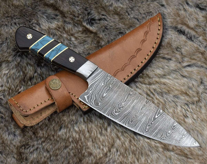 Epicurian Damascus Handle - Epicurian Damascus Chef Knife with Exotic Wenge Wood &amp; Turquoise Handle - Shokunin USA