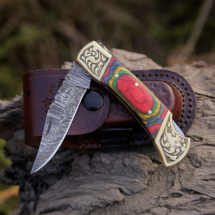 Expedition Wood Handle – Expedition Damascus Folding Pocket Knife with Pakka Wood Handle – shokuninusa