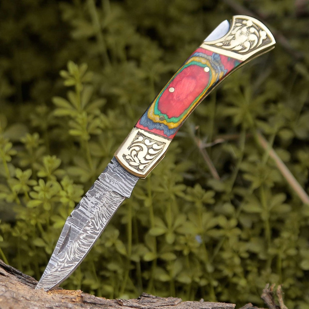 Expedition Damascus Knives – Expedition Damascus Folding Pocket Knife with Pakka Wood Handle – shokuninusa