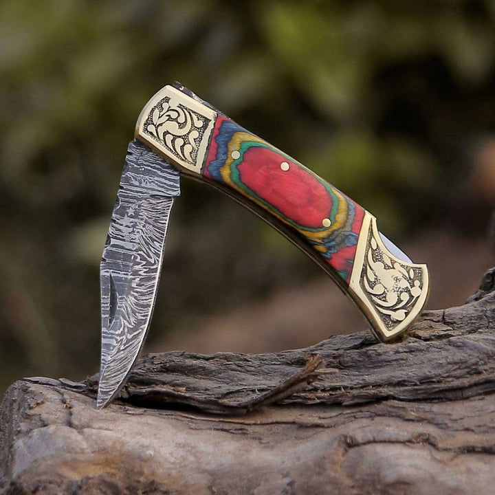 Expedition Wood Handles – Expedition Damascus Folding Pocket Knife with Pakka Wood Handle – shokuninusa