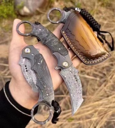 Falcon Japanese Damascus Pocket Knife with Exotic Stained Maple Burl Handle - Shokunin USA