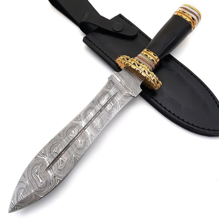 Fear Fixed Knife - Fear Damascus Fixed Blade Hunting Knife with Bull Horn &amp; Brass Handle - Shokunin USA