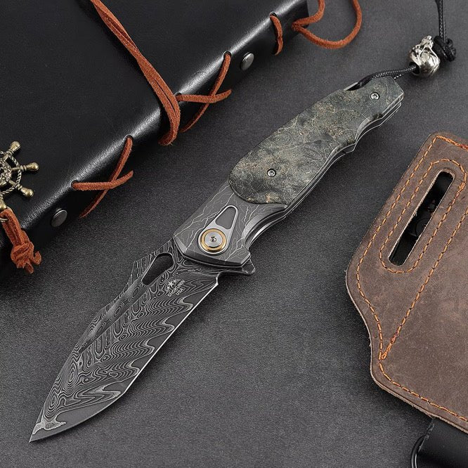 Feoh Japanese Knife - Feoh Japanese Damascus Pocket Knife VG10 with Stained Maple Burl Handle - Shokunin USA