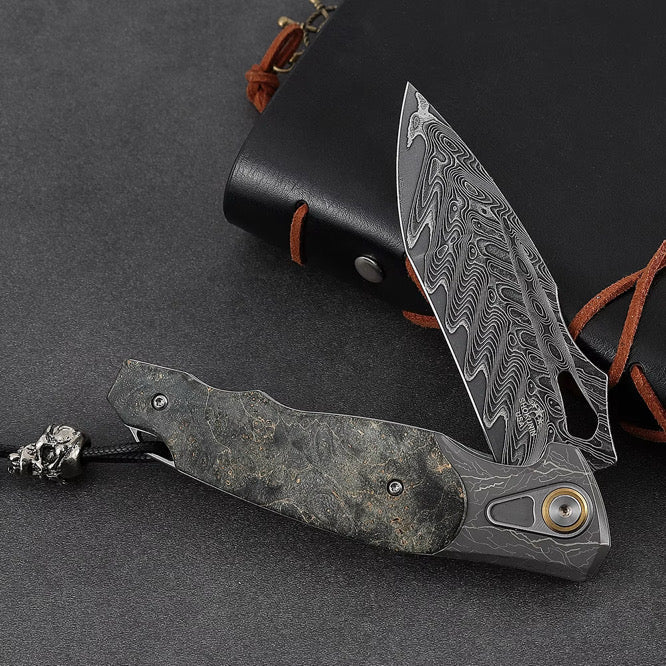 Feoh Japanese Damascus - Feoh Japanese Damascus Pocket Knife VG10 with Stained Maple Burl Handle - Shokunin USA