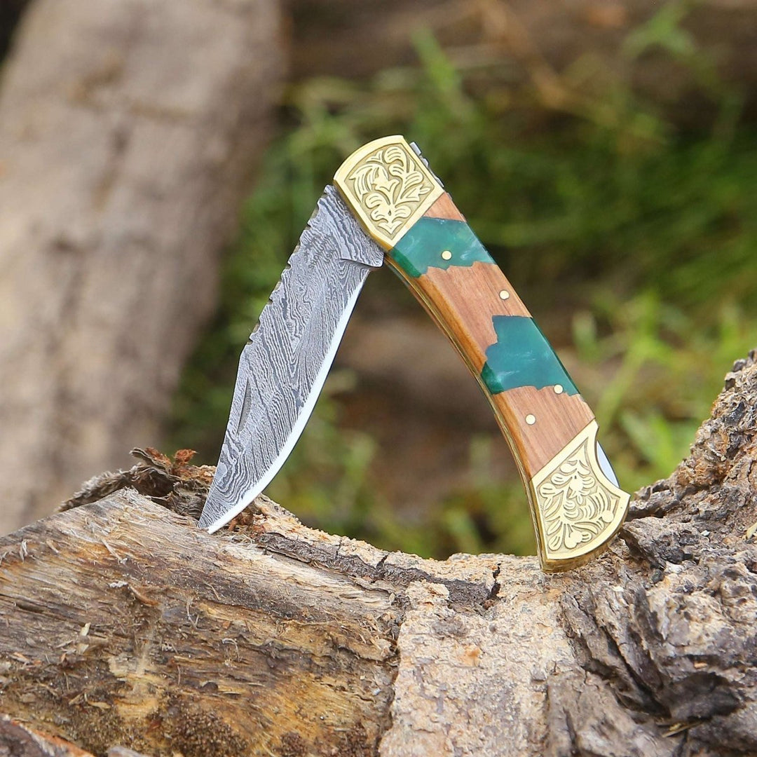 custom handmade knives - Flashblade Handmade Damascus Best EDC Pocket Knife with Leather Sheath &amp; Olive Wood Handle - Shokunin USA