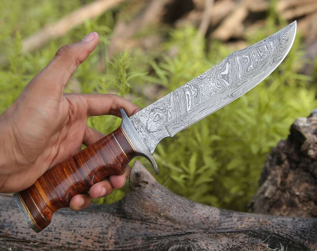 Flux Damascus Knife - Flux Damascus Bowie Knife with Stacked Leather Handle &amp; Leather Sheath - Shokunin USA