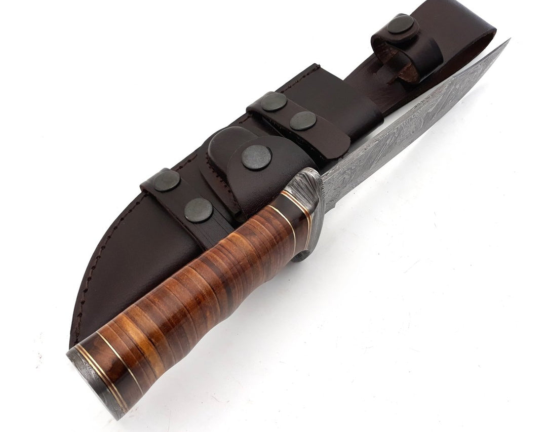 Flux Damascus Leather - Flux Damascus Bowie Knife with Stacked Leather Handle &amp; Leather Sheath - Shokunin USA