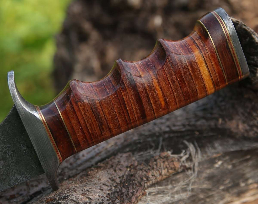 Flux Damascus Handle - Flux Damascus Bowie Knife with Stacked Leather Handle &amp; Leather Sheath - Shokunin USA