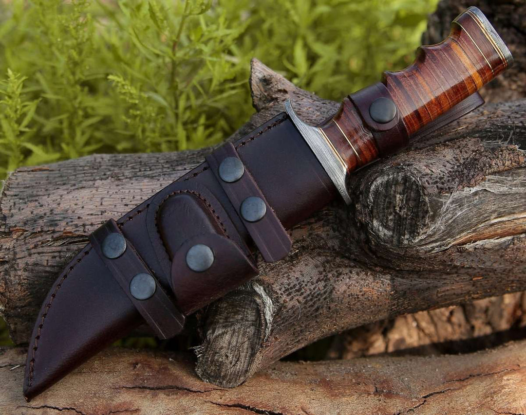 Flux Damascus Sheath - Flux Damascus Bowie Knife with Stacked Leather Handle &amp; Leather Sheath - Shokunin USA