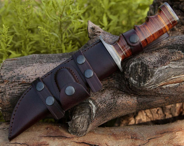 Flux Damascus Sheath - Flux Damascus Bowie Knife with Stacked Leather Handle &amp; Leather Sheath - Shokunin USA