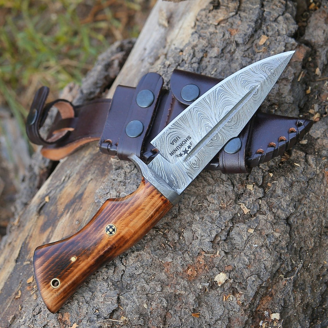 Frontier Damascus knives - Frontier Custom Damascus Steel Knife with Charred Oak Wood Handle - Shokunin USA