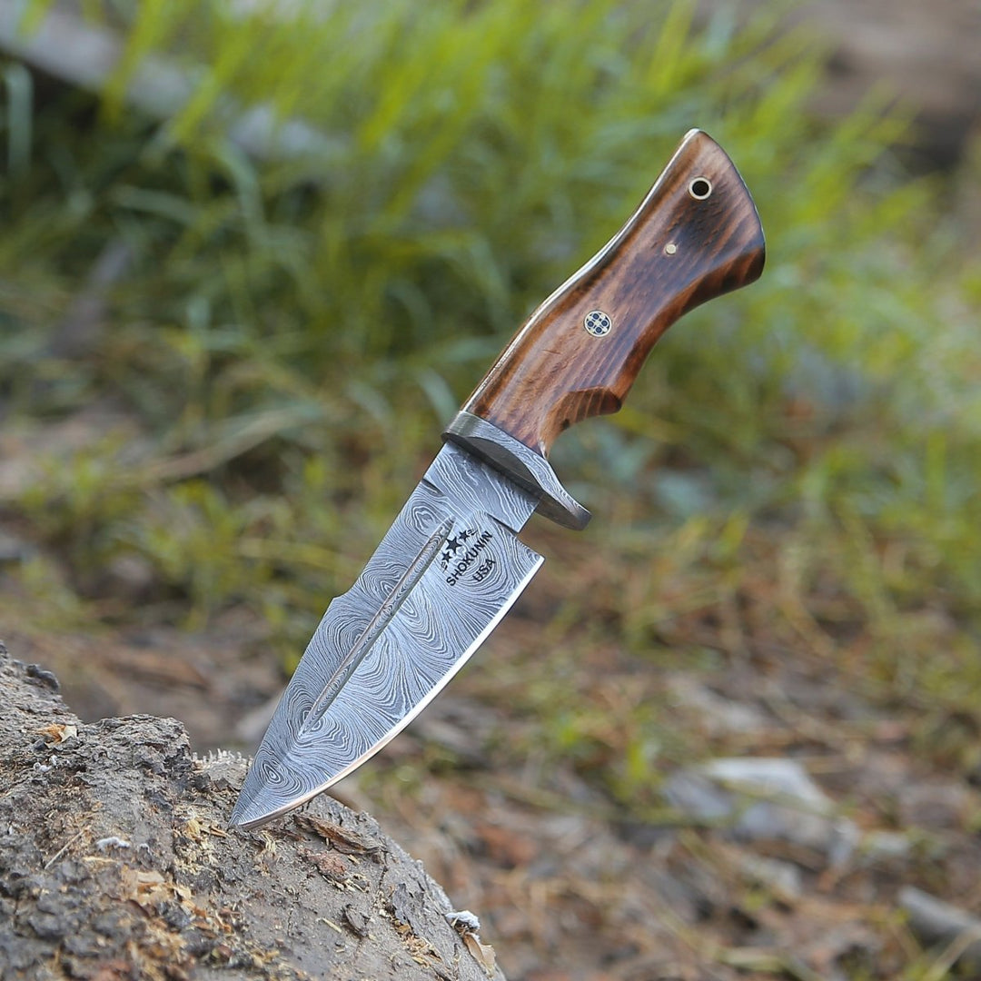 Frontier Damascus Knife - Frontier Custom Damascus Steel Knife with Charred Oak Wood Handle - Shokunin USA