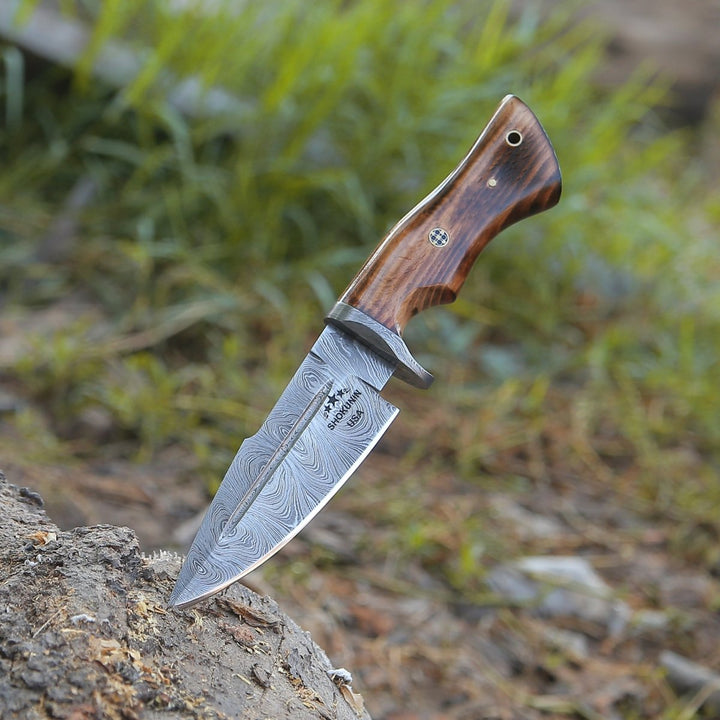 Frontier Damascus Knife - Frontier Custom Damascus Steel Knife with Charred Oak Wood Handle - Shokunin USA