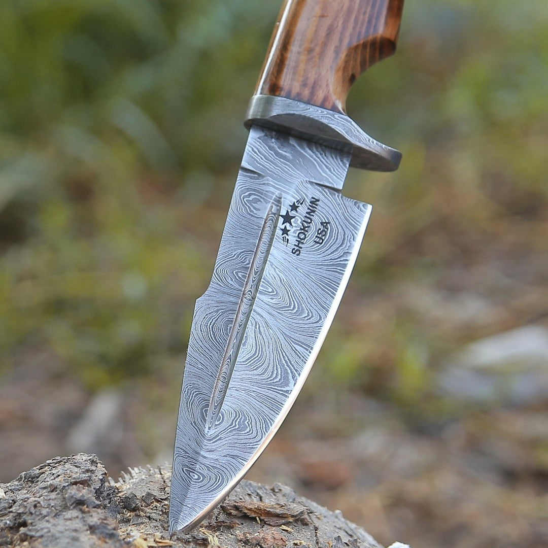 Frontier Damascus Handle - Frontier Custom Damascus Steel Knife with Charred Oak Wood Handle - Shokunin USA