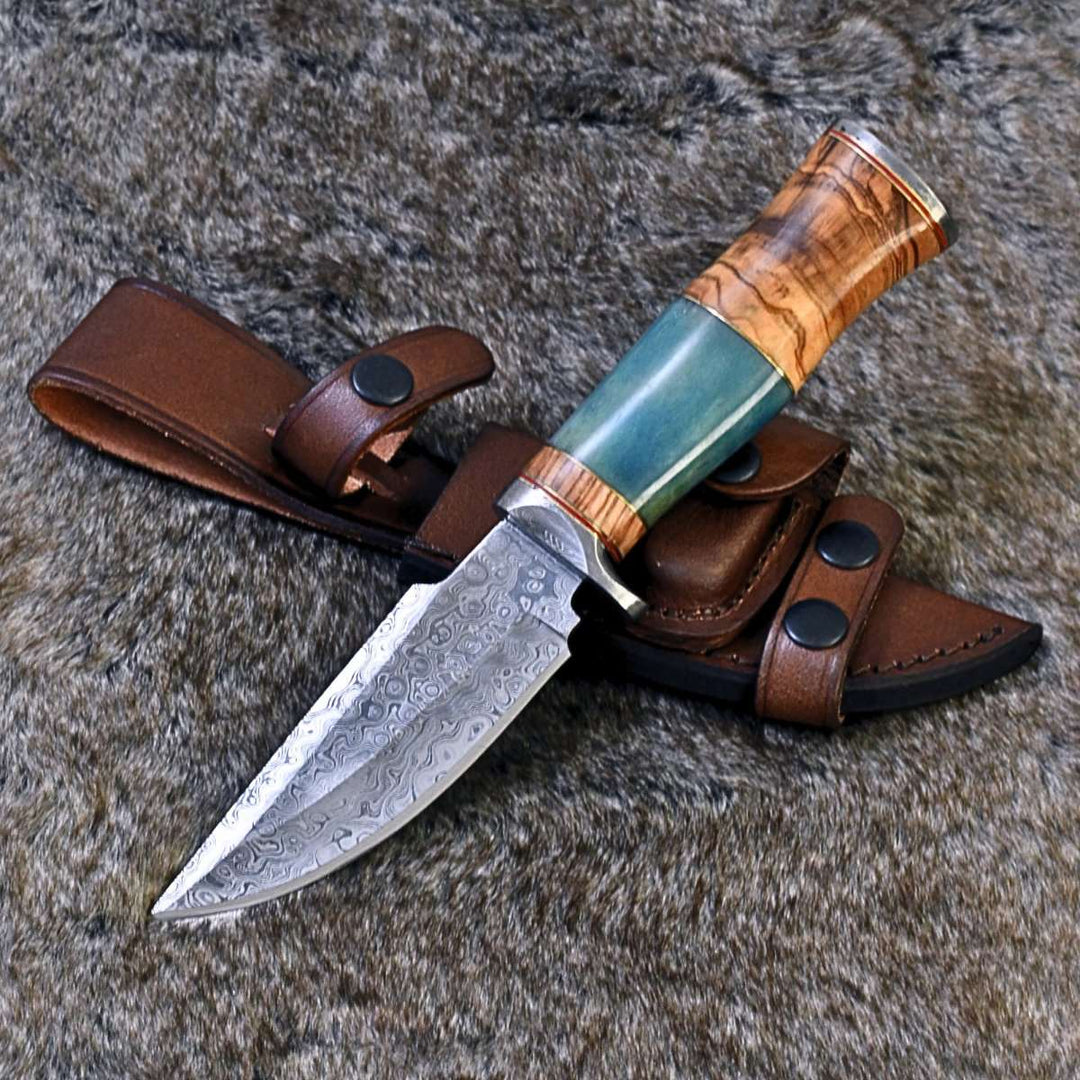 Frost Damascus Hunting Knife with Olive Wood & Bone Handle - Shokunin USA