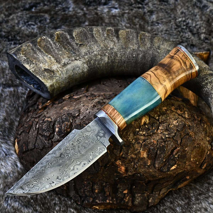 Frost Damascus knives - Frost Damascus Hunting Knife with Olive Wood &amp; Bone Handle - Shokunin USA