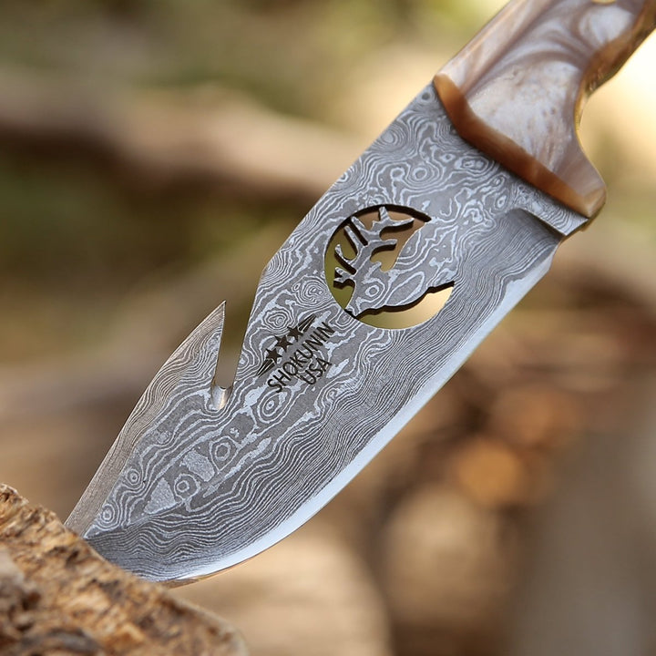 Fusion Gut Damascus - Fusion Gut Hook Hunting Knife with Mother of Pearl Handle - Shokunin USA