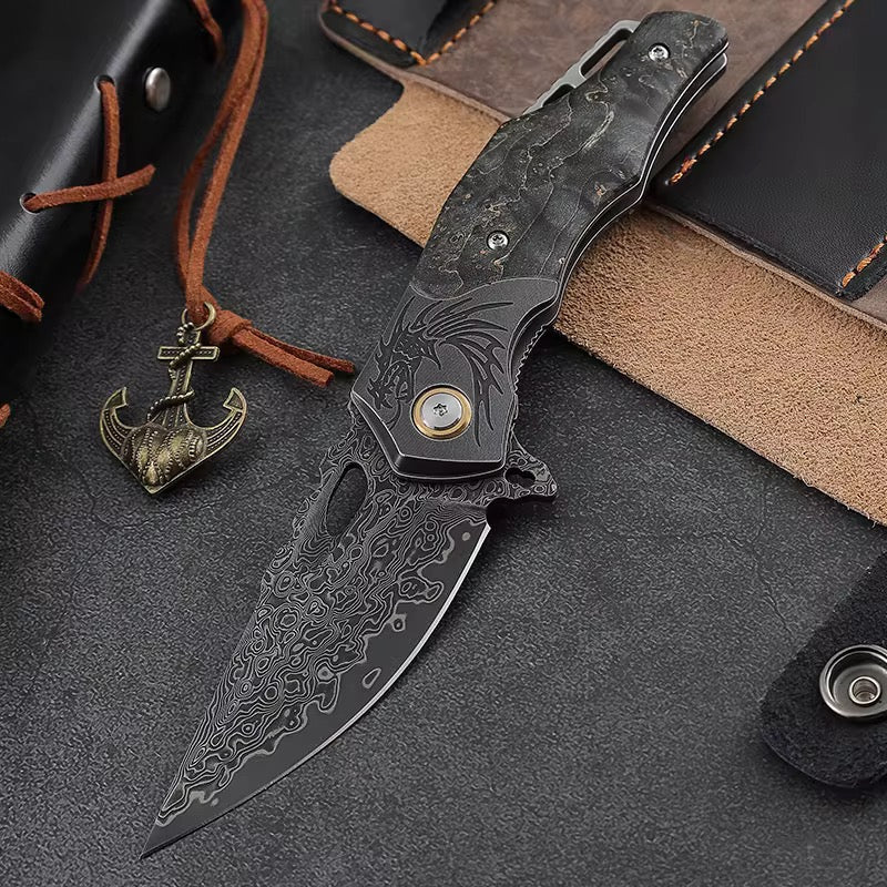 Galaxy Japanese Handle - Galaxy Japanese Damascus Folding Pocket Knife with Maple Burl Wood Handle - Shokunin USA