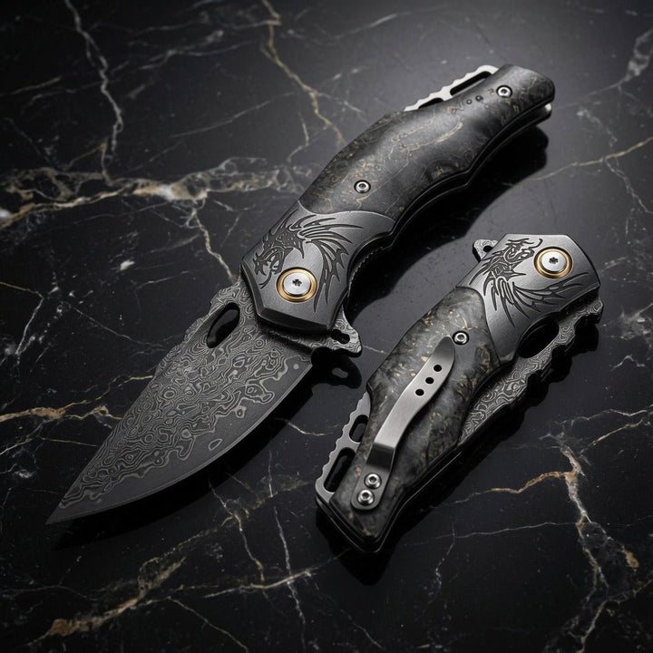 Galaxy Japanese Damascus - Galaxy Japanese Damascus Folding Pocket Knife with Maple Burl Wood Handle - Shokunin USA