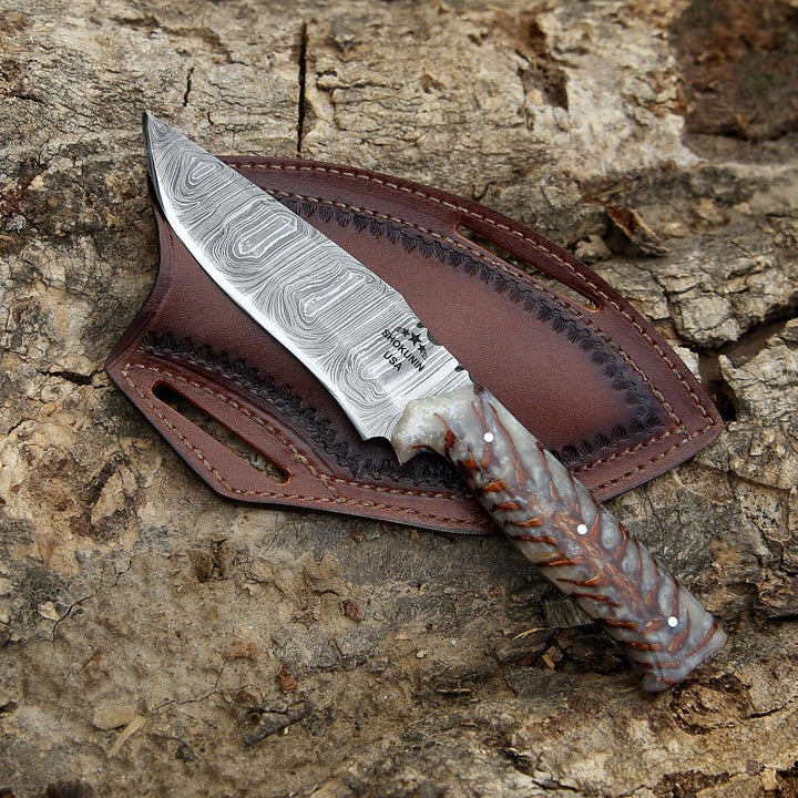 unique knives - Golden Reaper Damascus Steel Fixed Blade Hunting Knife with Pine Cone handle &amp; Leather - Shokunin USA