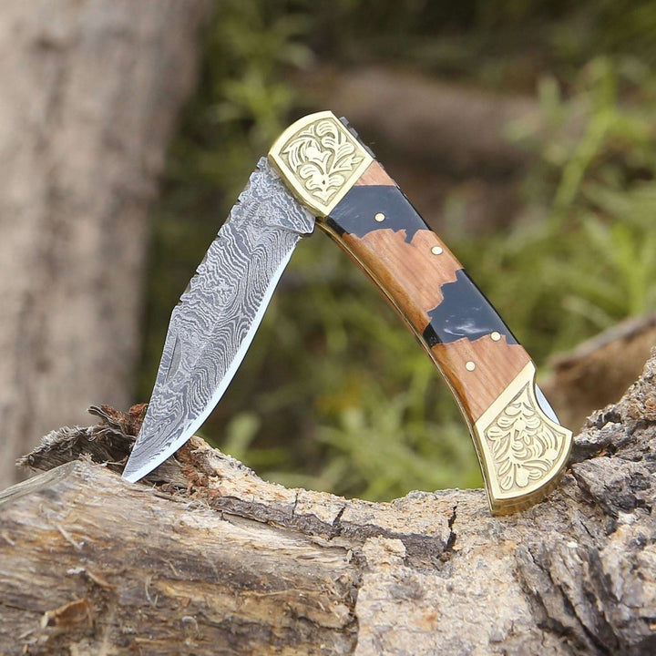 custom leather sheaths - Goldenbolt Handmade Damascus EDC Knife with Leather Sheath &amp; Olive Wood Handle - Shokunin USA