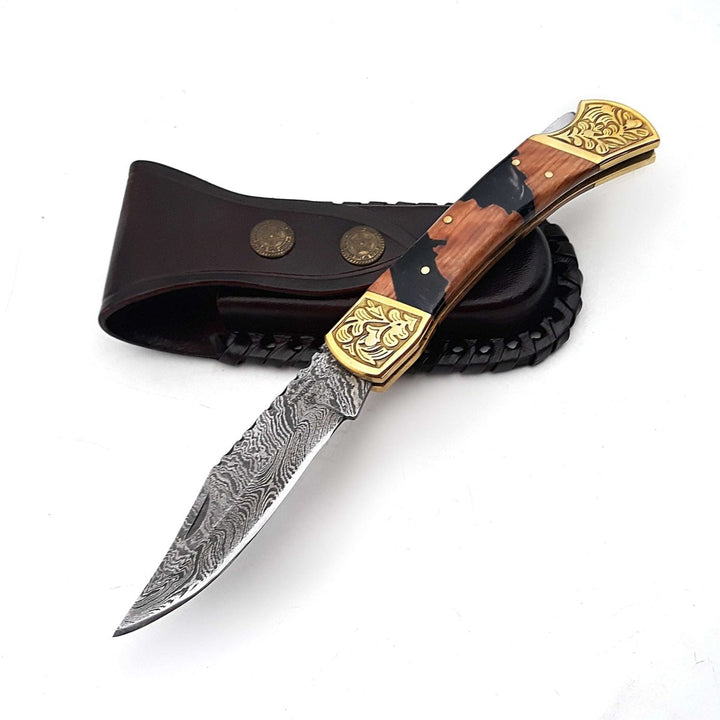 handmade custom knives - Goldenbolt Handmade Damascus EDC Knife with Leather Sheath &amp; Olive Wood Handle - Shokunin USA
