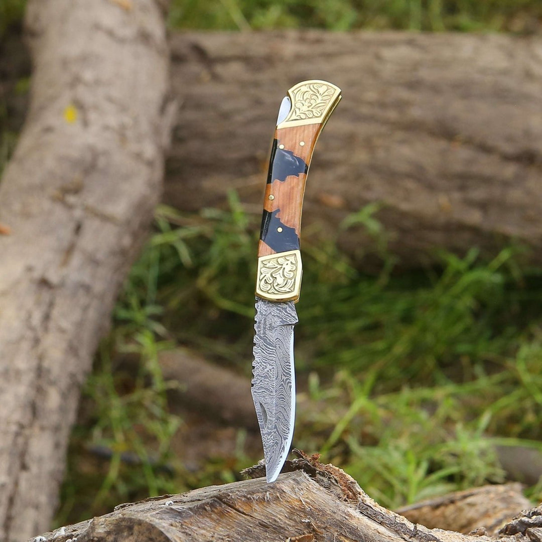 damascus blade knife - Goldenbolt Handmade Damascus EDC Knife with Leather Sheath &amp; Olive Wood Handle - Shokunin USA