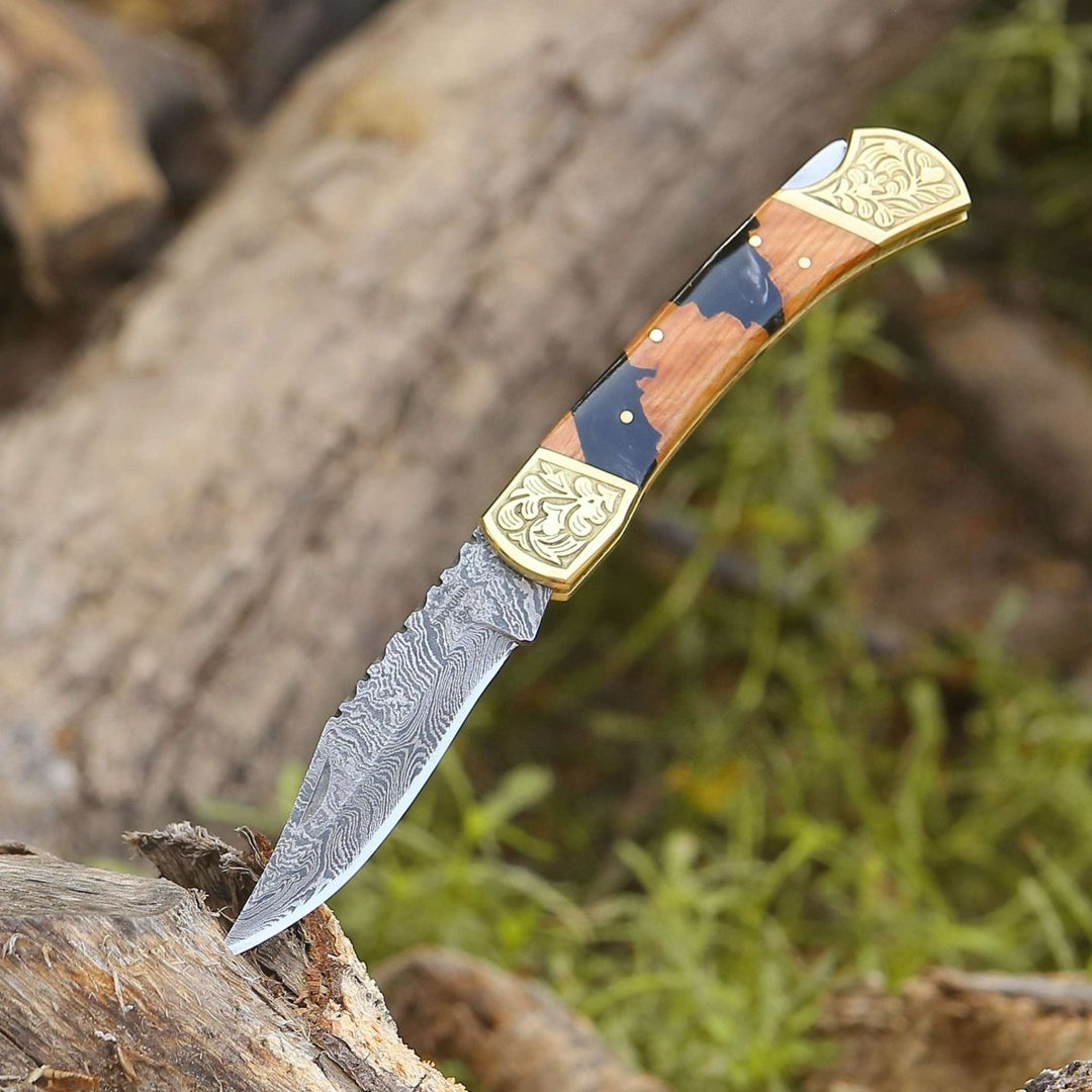 custom blade - Goldenbolt Handmade Damascus EDC Knife with Leather Sheath &amp; Olive Wood Handle - Shokunin USA