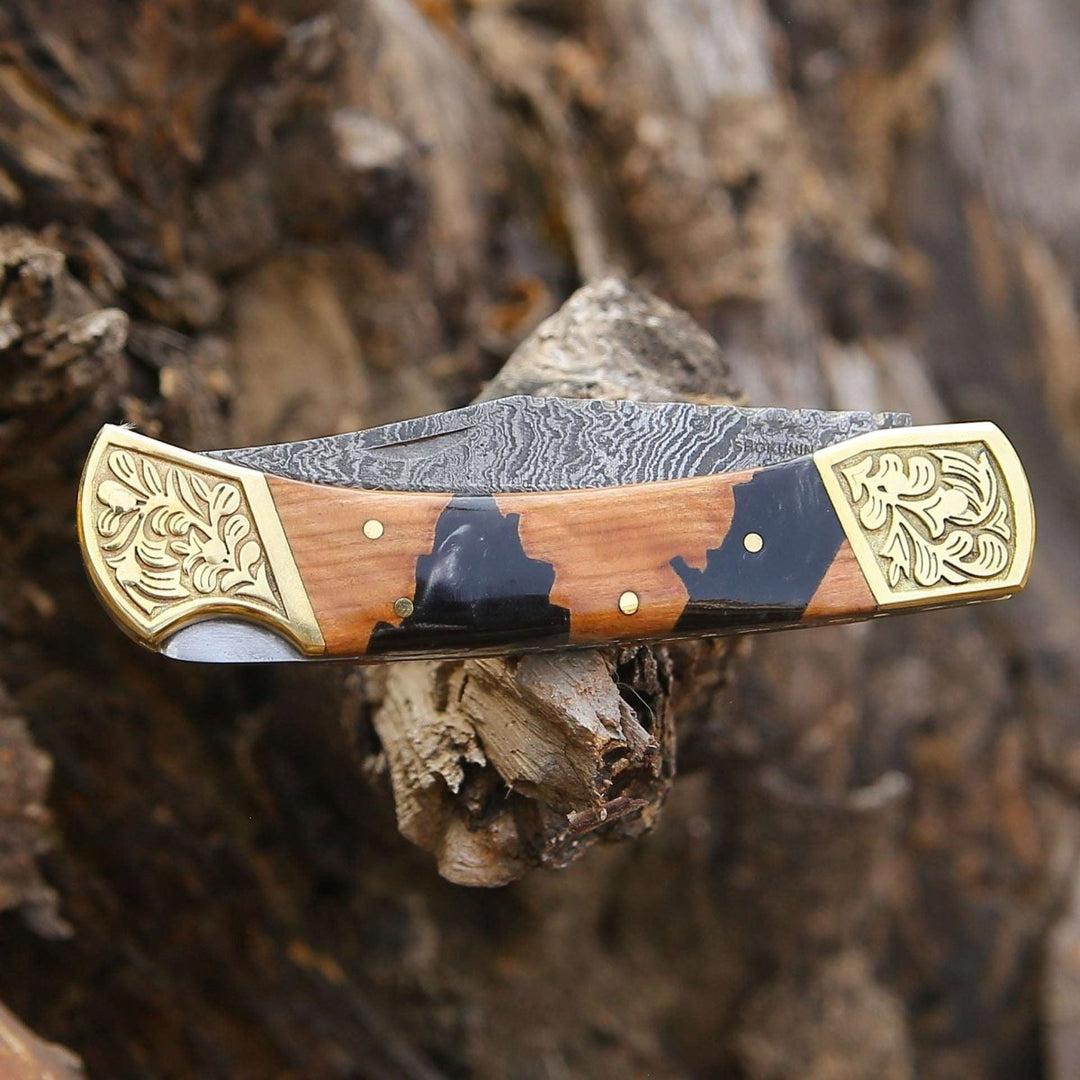 leather handle knife - Goldenbolt Handmade Damascus EDC Knife with Leather Sheath &amp; Olive Wood Handle - Shokunin USA