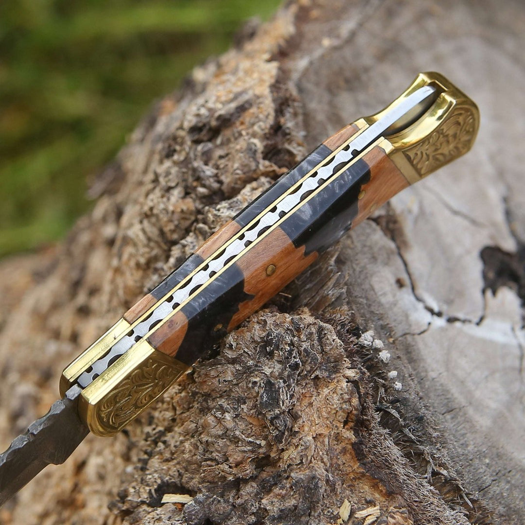 custom blades - Goldenbolt Handmade Damascus EDC Knife with Leather Sheath &amp; Olive Wood Handle - Shokunin USA