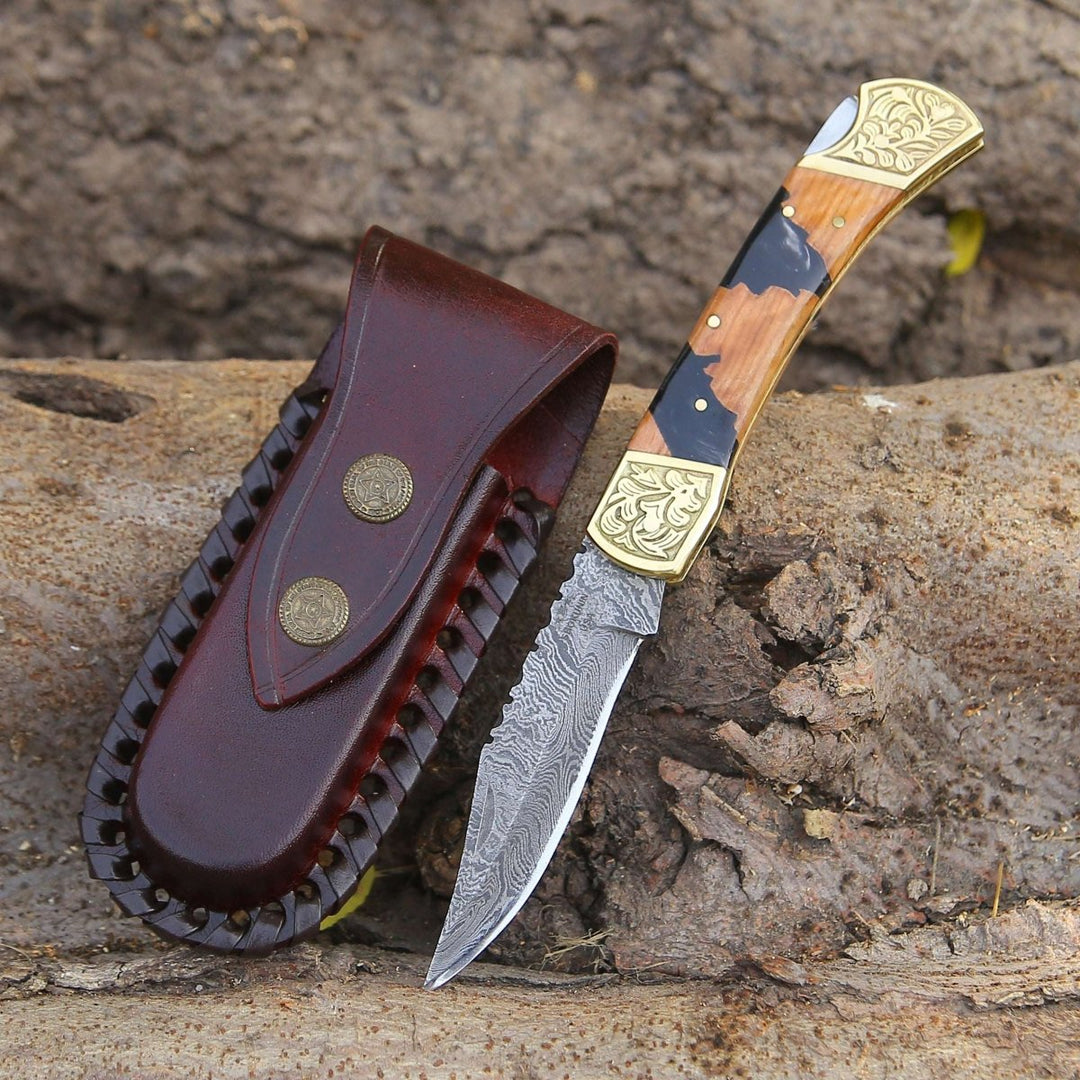 blade pocket knives - Goldenbolt Handmade Damascus EDC Knife with Leather Sheath & Olive Wood Handle - Shokunin USA