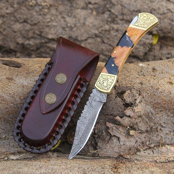 blade pocket knives - Goldenbolt Handmade Damascus EDC Knife with Leather Sheath &amp; Olive Wood Handle - Shokunin USA
