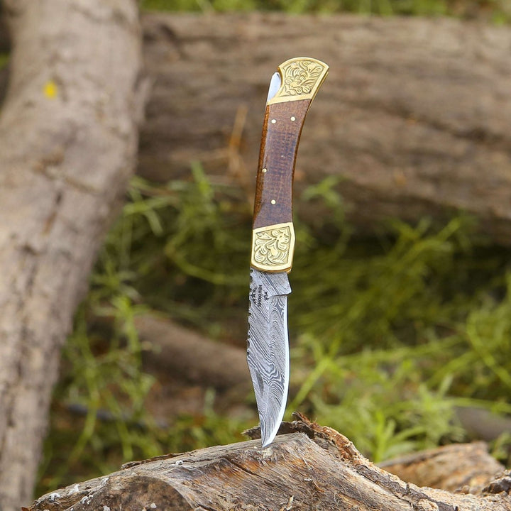 damascus forged knife - Goldshadow Handmade Damascus EDC Folding Pocket Knife with Leather Sheath &amp; Micarta - Shokunin USA