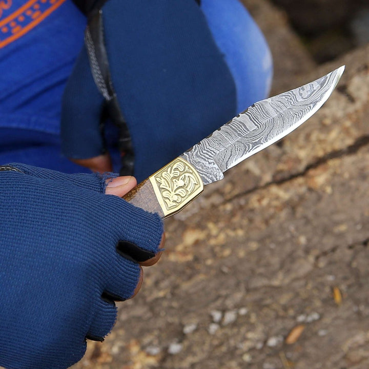 forged folding knife - Goldshadow Handmade Damascus EDC Folding Pocket Knife with Leather Sheath &amp; Micarta - Shokunin USA