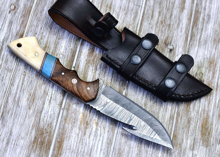 Gravity Damascus knives - Gravity Damascus Gut Hook Hunting Knife with Exotic Rose Wood and Bone Handle - Shokunin USA