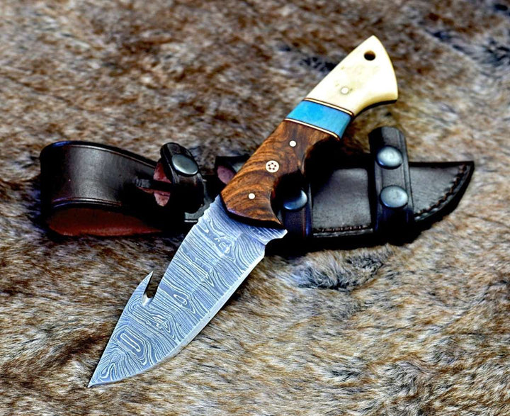 Gravity Gut Knife - Gravity Damascus Gut Hook Hunting Knife with Exotic Rose Wood and Bone Handle - Shokunin USA