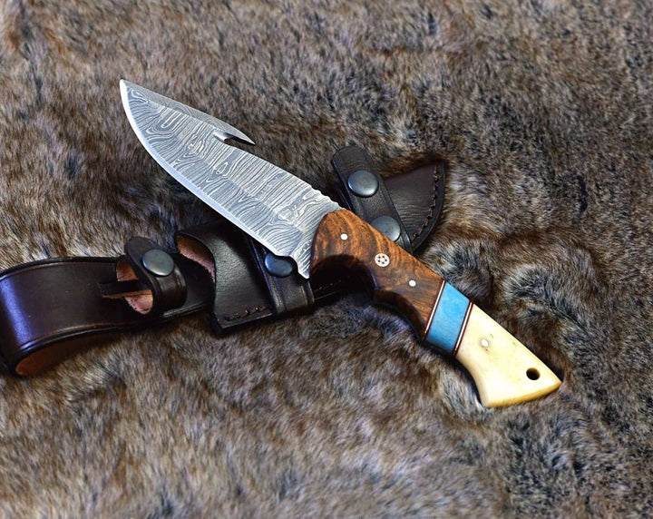 Gravity Gut Handle - Gravity Damascus Gut Hook Hunting Knife with Exotic Rose Wood and Bone Handle - Shokunin USA