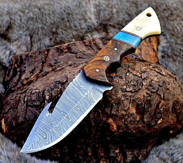 Gravity Damascus Handle - Gravity Damascus Gut Hook Hunting Knife with Exotic Rose Wood and Bone Handle - Shokunin USA