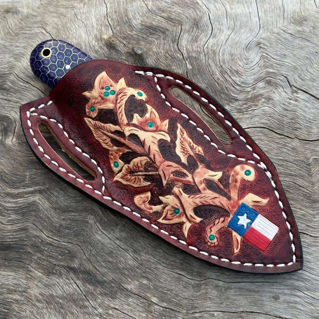 Tooled Pocket Knife – Hand-Tooled Leather Knife Holder – Fits 4" Blades and Pocket Knives – shokuninusa