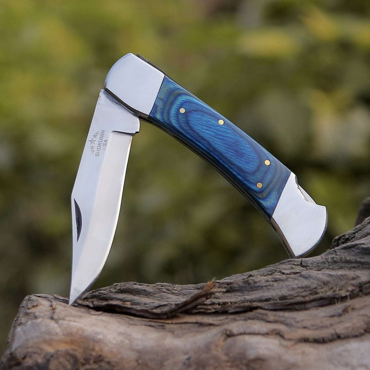 Pocket Wood Handle - Handmade Custom Pocket Knife with Diamond Wood Handle &amp; Sheath Personalized - Shokunin USA